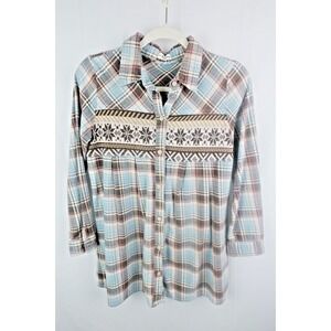 My Memory Plaid Button Down Shirt Women's Small Nordic Fair Isle Yoke L/S Casual
